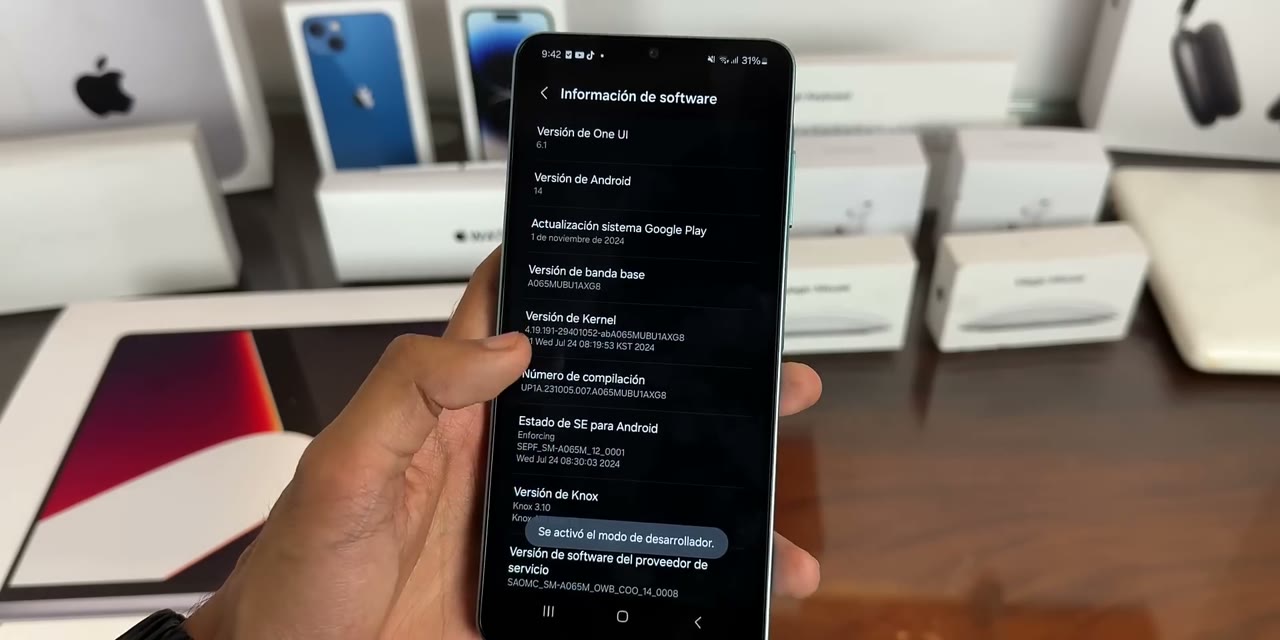 Mensaje Se activó el modo de desarrollador en un Samsung Galaxy