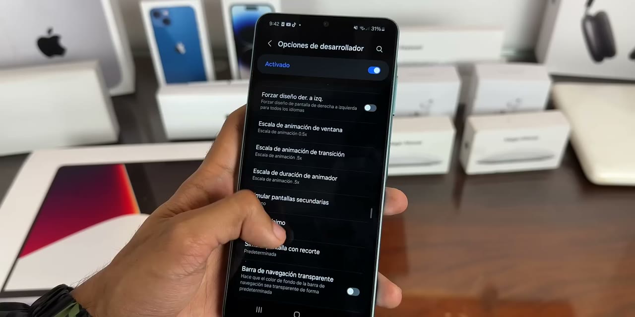 Opciones de desarrollador de Samsung con escala de animación de ventana, de transición y de duración de animador