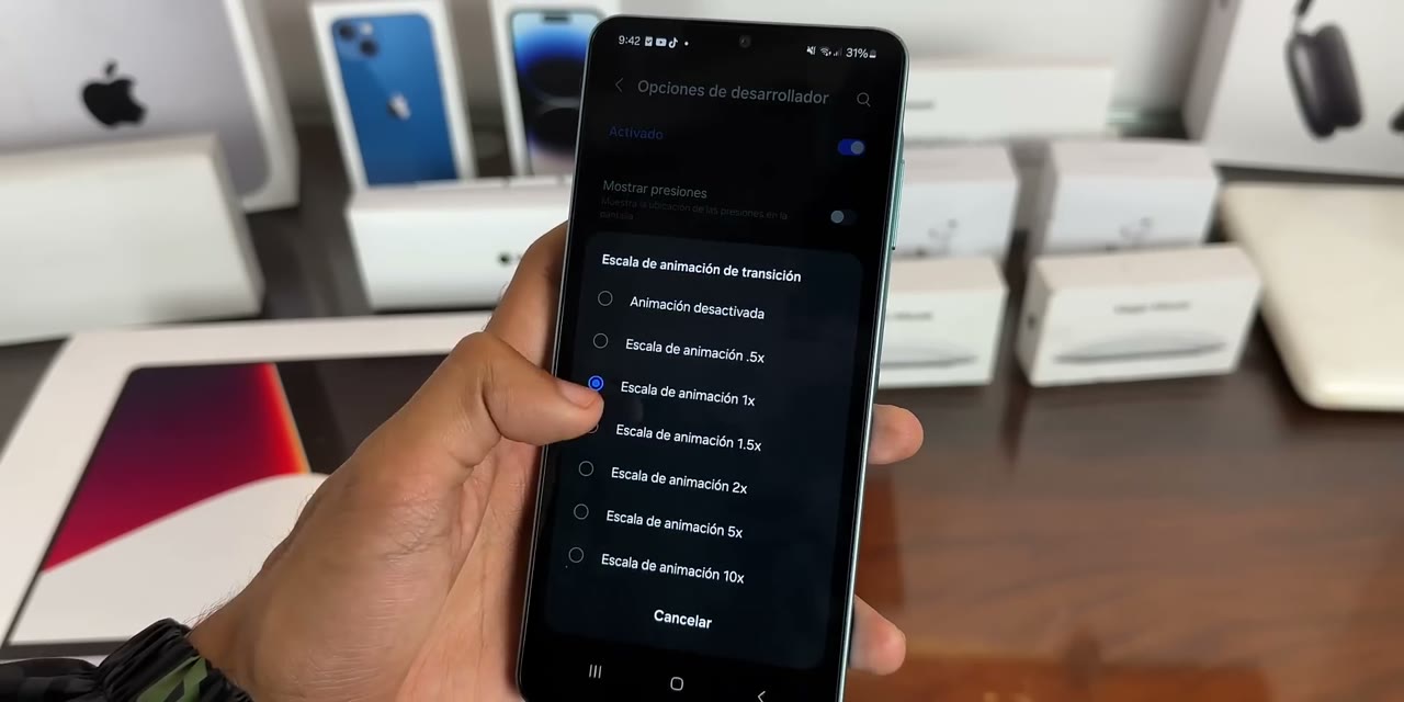 Lista de valores de escala de animación en Samsung: desactivada, 0,5x, 1x, 1,5x, 2x, 5x y 10x