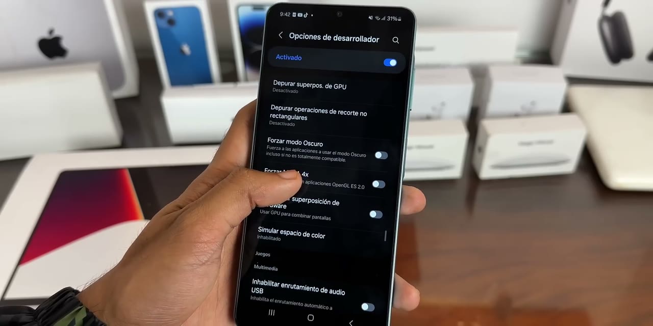 Opción Desactivar superposiciones de hardware en las Opciones de desarrollador de Samsung