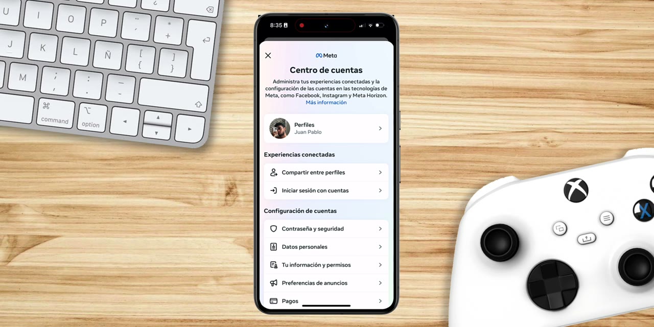 Centro de cuentas de Meta con la opción Perfiles