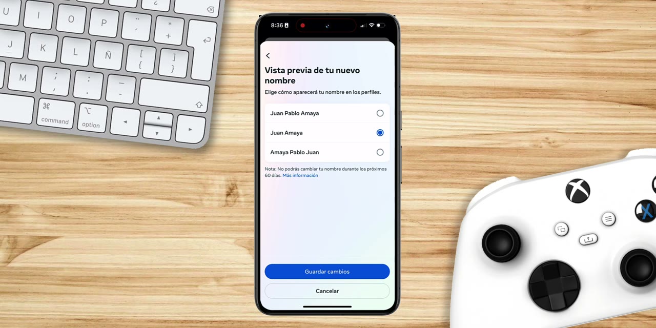 Vista previa del nuevo nombre de Facebook con tres formas de mostrarlo y el botón Guardar cambios