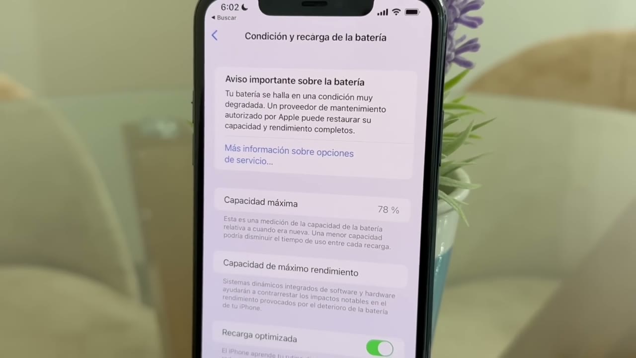 Capacidad máxima, capacidad de máximo rendimiento y Recarga optimizada activada en un iPhone 11 Pro Max