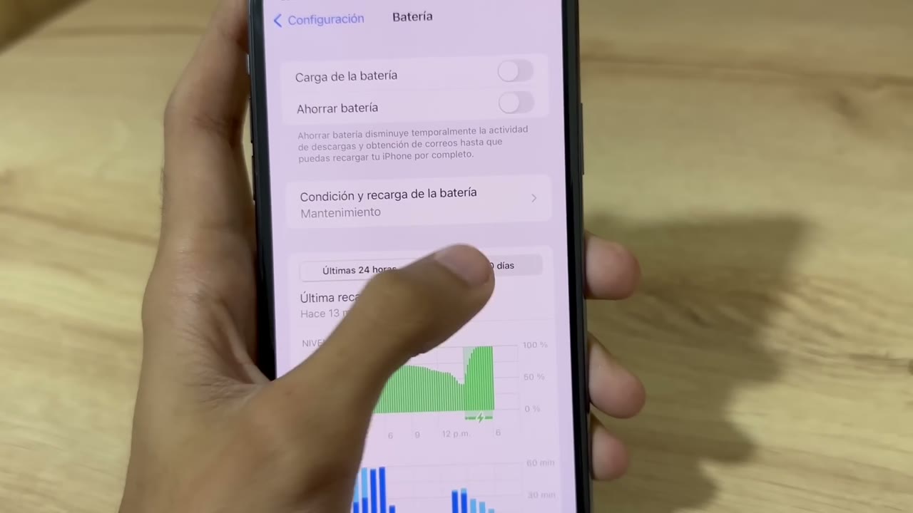 Gráfica del nivel de batería de las últimas 24 horas en el iPhone