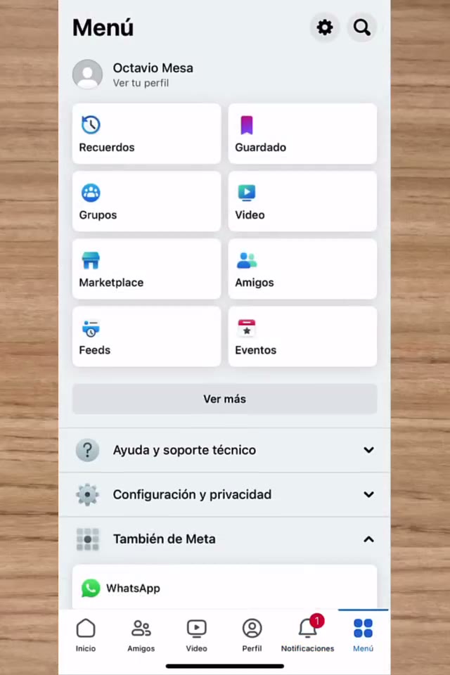 Menú de Facebook con la cuenta nueva ya creada