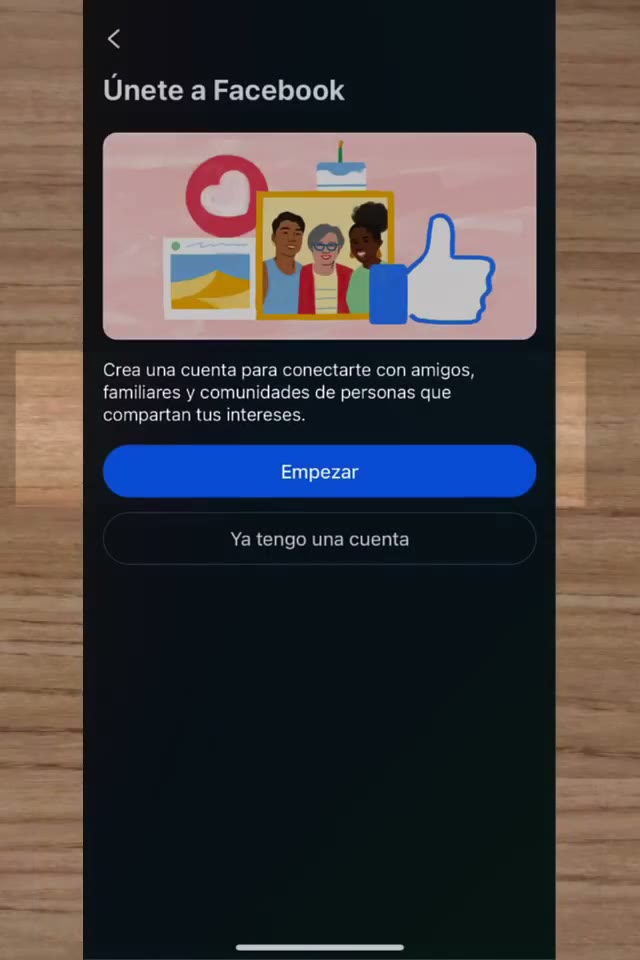 Pantalla Únete a Facebook con el botón azul Empezar