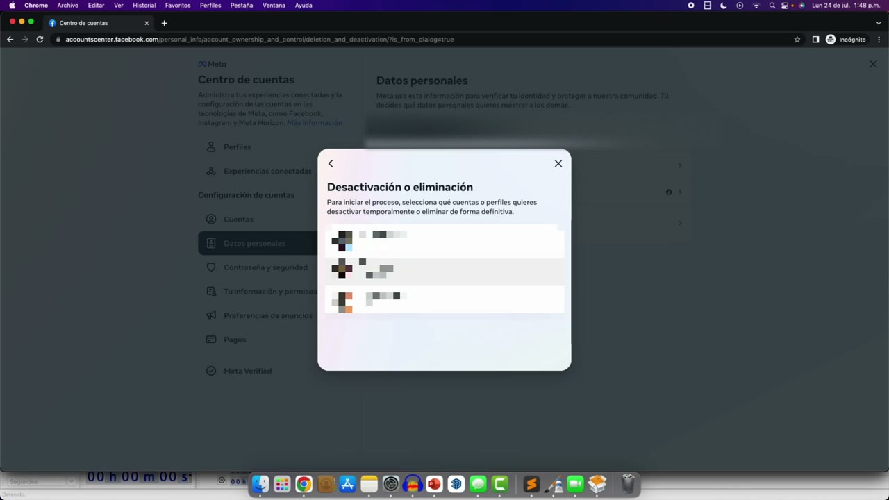 Centro de cuentas de Facebook en la computadora con la ventana Desactivación o eliminación