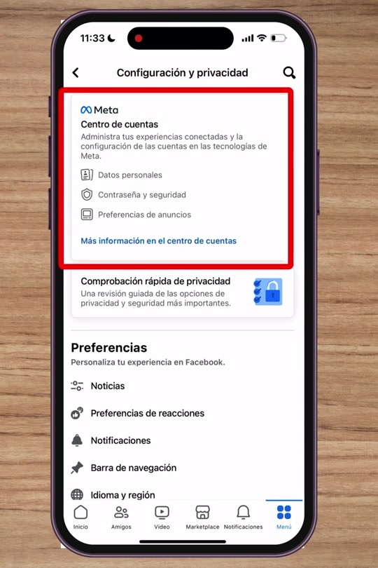 Configuración y privacidad de Facebook con el Centro de cuentas de Meta marcado