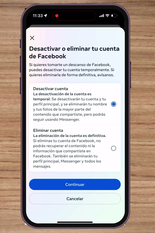 Opciones Desactivar cuenta y Eliminar cuenta de Facebook con su explicación