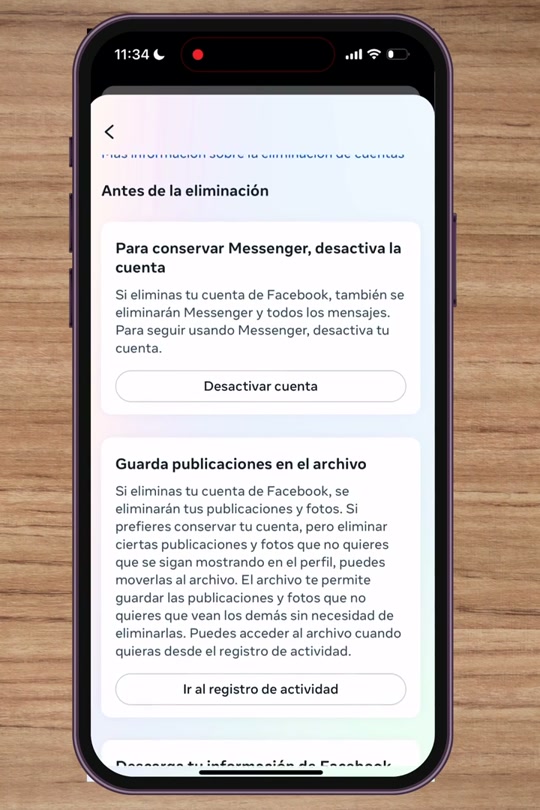 Aviso de Facebook antes de la eliminación sobre Messenger y guardar publicaciones en el archivo