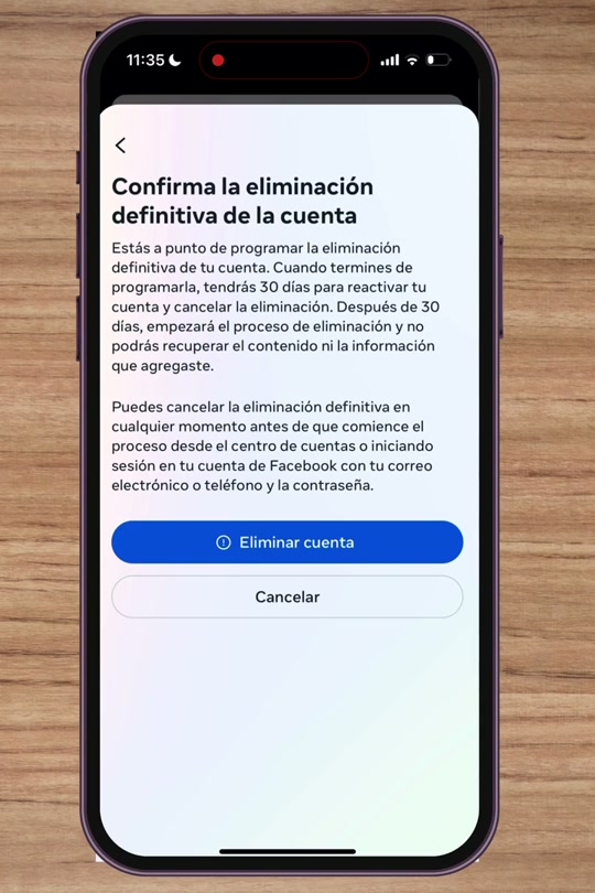 Pantalla de Facebook para confirmar la eliminación definitiva de la cuenta con el botón Eliminar cuenta