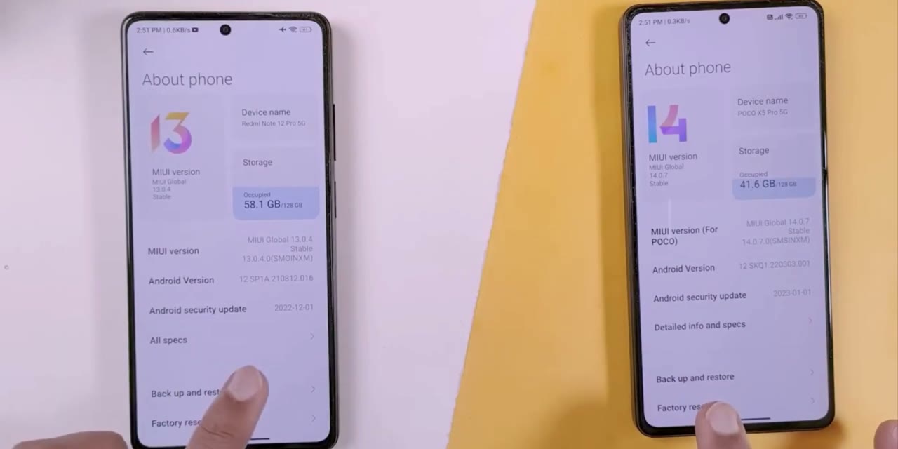 Pantalla Sobre el teléfono de dos Xiaomi, uno con MIUI 13 y otro con MIUI 14