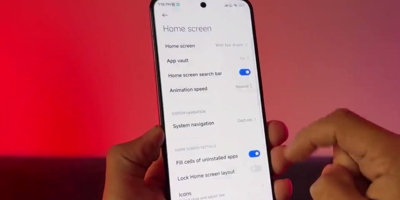 Ajustes de Pantalla de inicio en MIUI con velocidad de animación y navegación del sistema