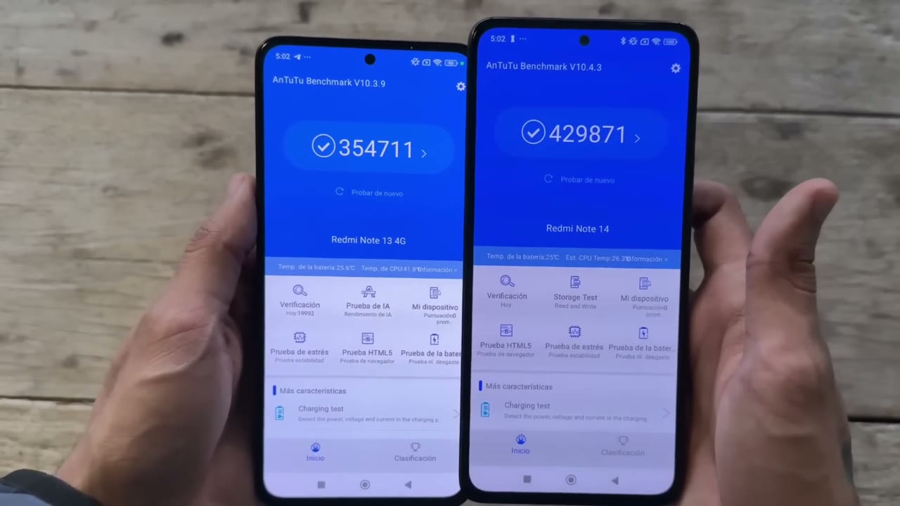 AnTuTu en el Redmi Note 13 4G con 354.711 puntos y en el Redmi Note 14 con 429.871 puntos