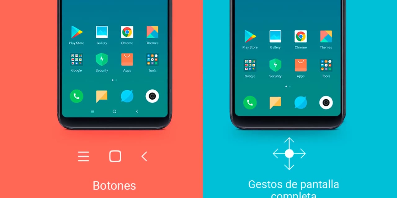 Xiaomi con navegación por botones al lado de uno con gestos de pantalla completa
