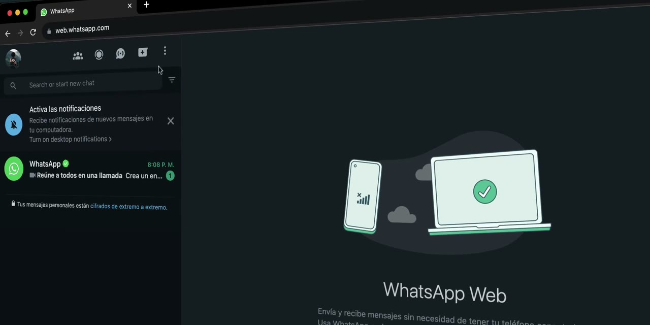 WhatsApp Web abierto en la computadora después de vincularlo sin escanear el código QR