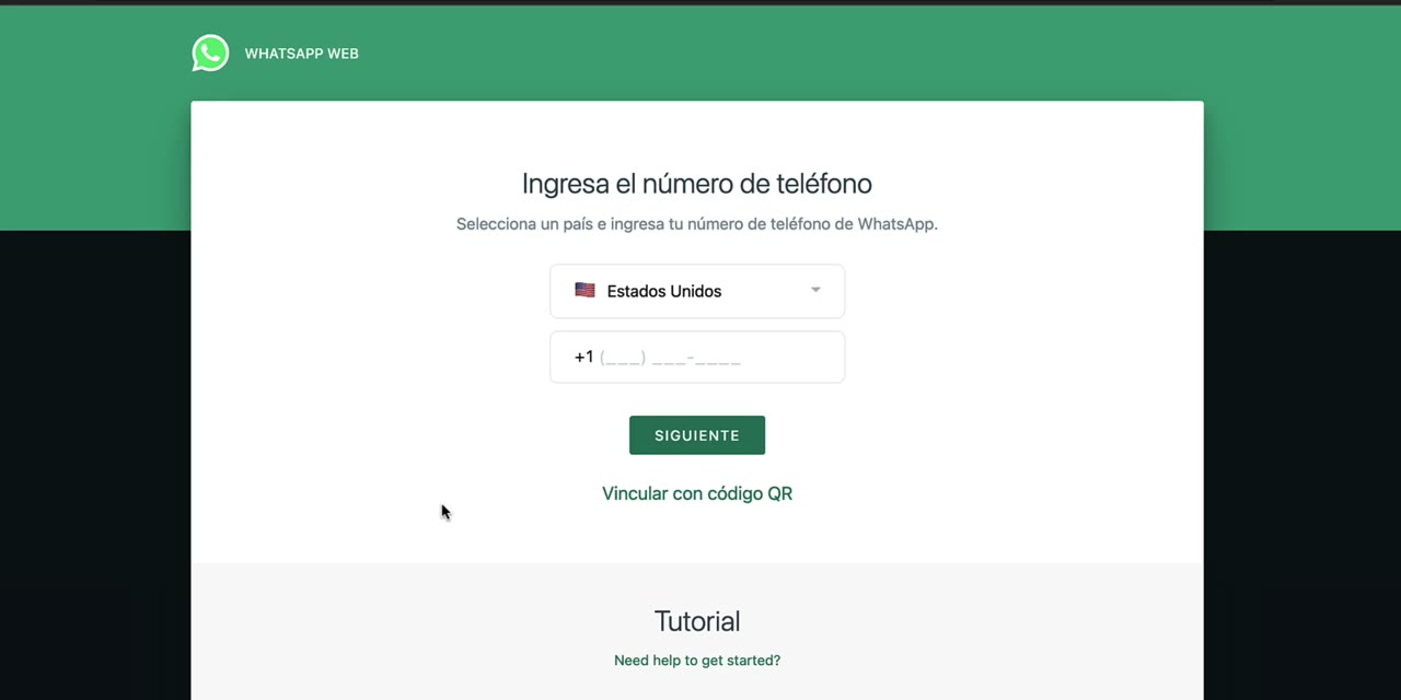 WhatsApp Web pidiendo elegir el país e ingresar el número de teléfono