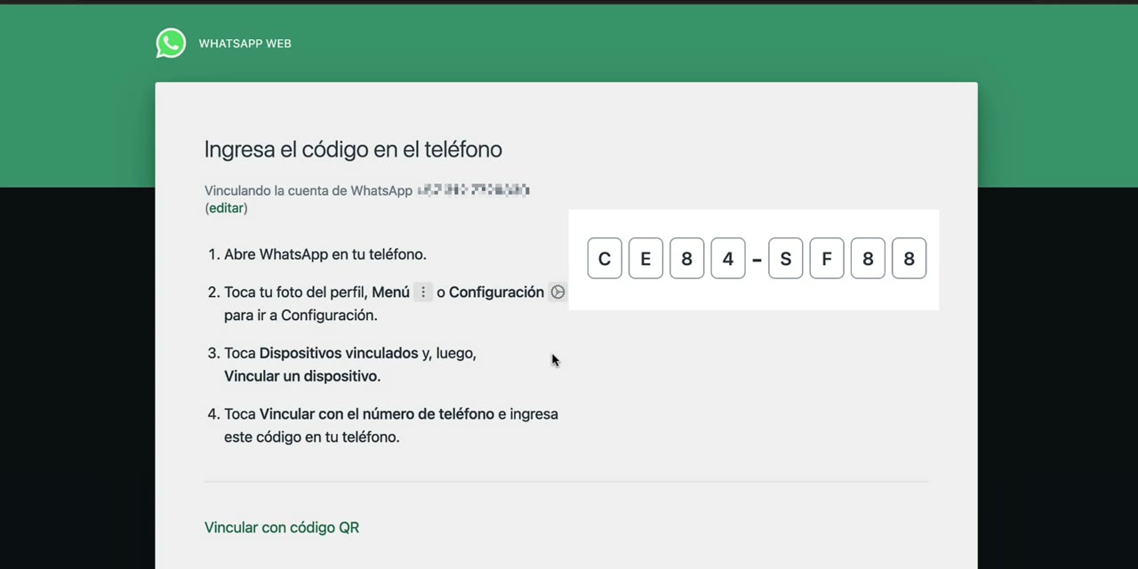 WhatsApp Web mostrando el código de 8 caracteres para ingresar en el teléfono