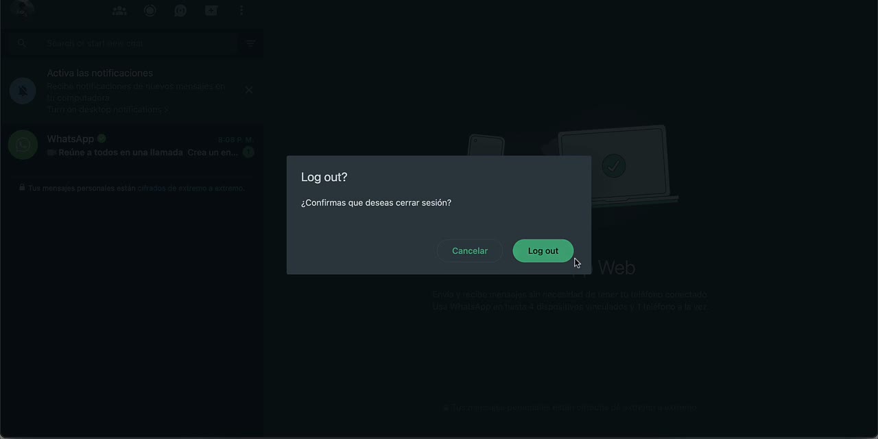 Ventana para confirmar el cierre de sesión de WhatsApp Web